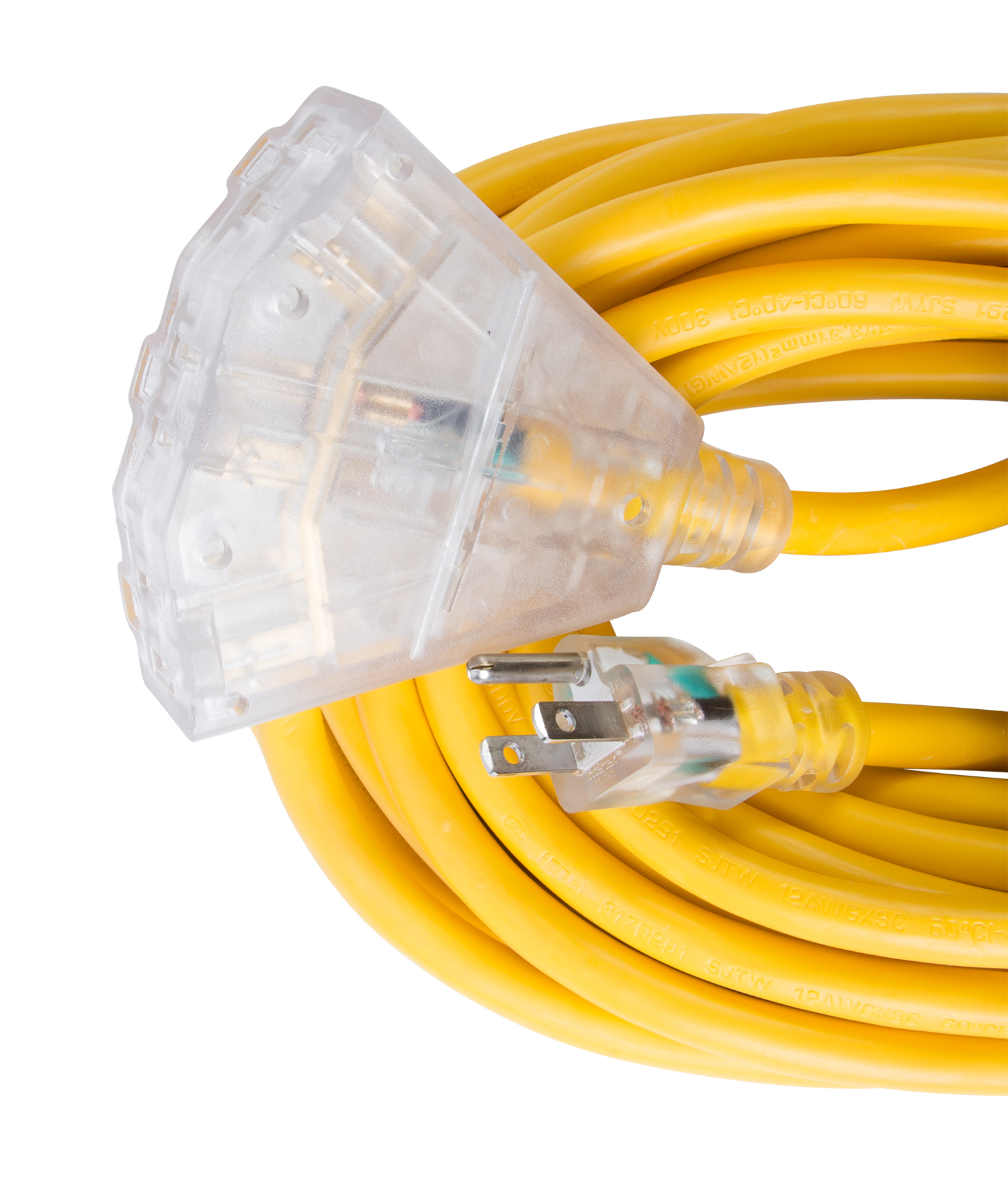 Extension Cord 100ft SJTW Yellow 12/3 Lighted End Triple Tap