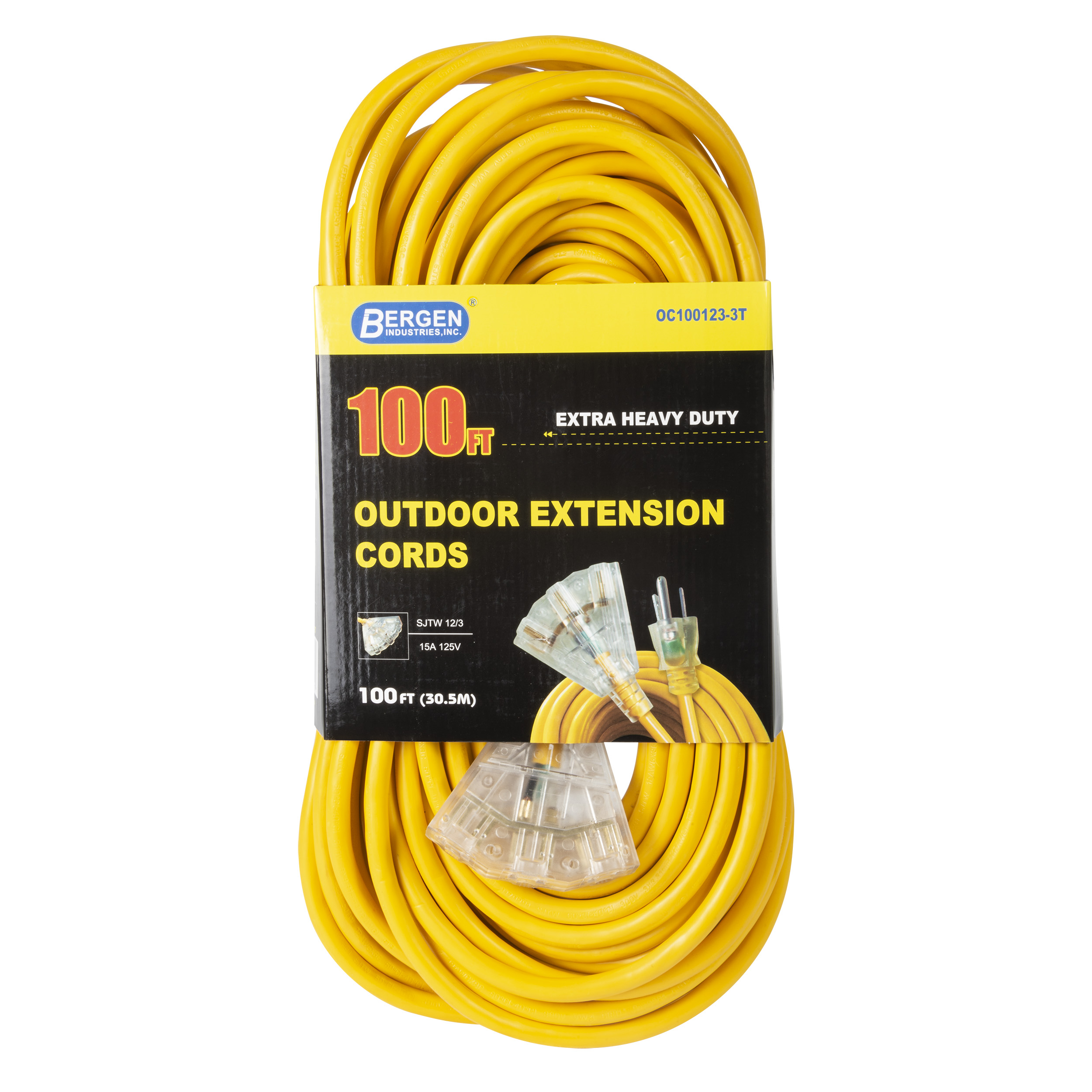 Extension Cord 100ft SJTW Yellow 12/3 Lighted End Triple Tap