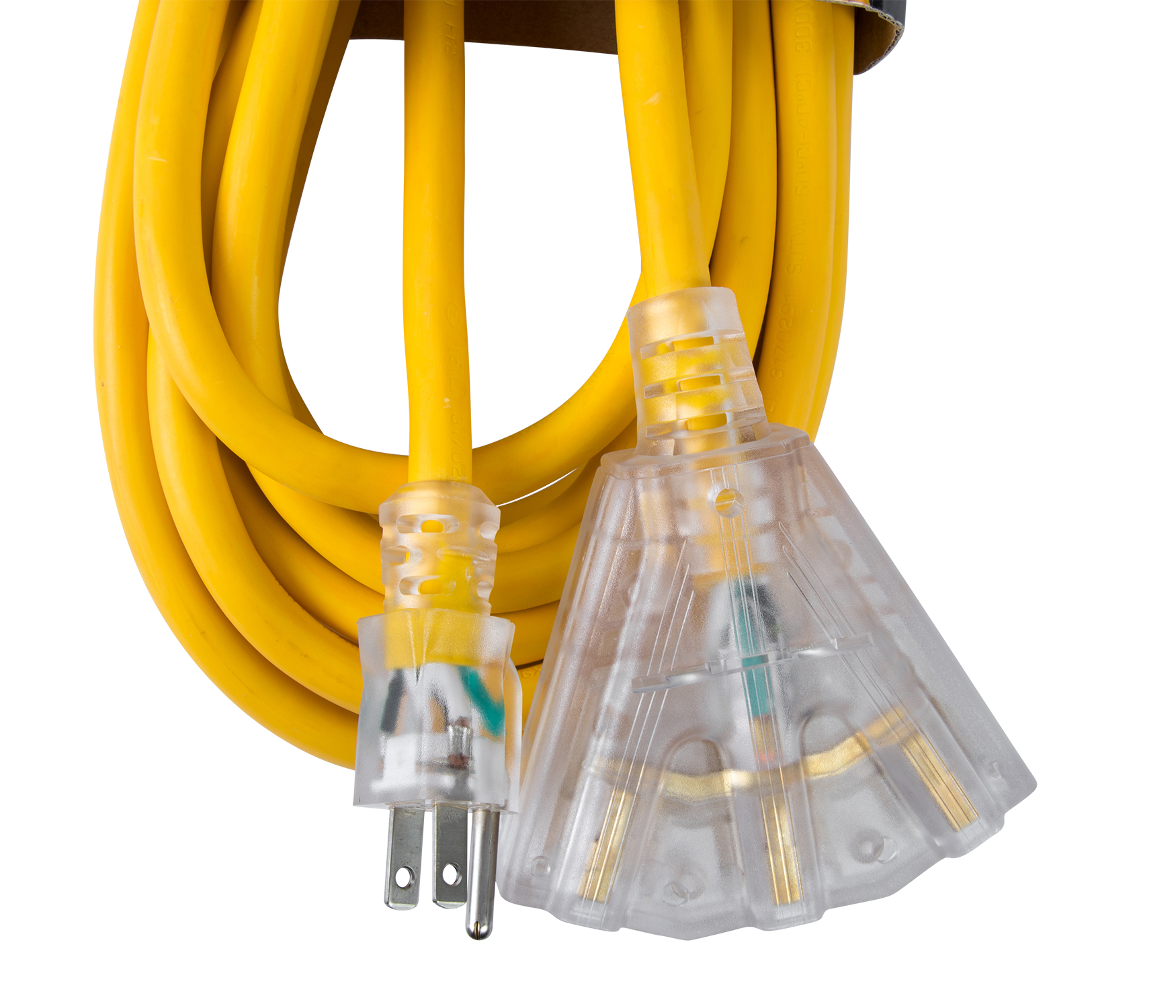 Extension Cord 25ft SJTW Yellow 12/3 Lighted End Triple Tap