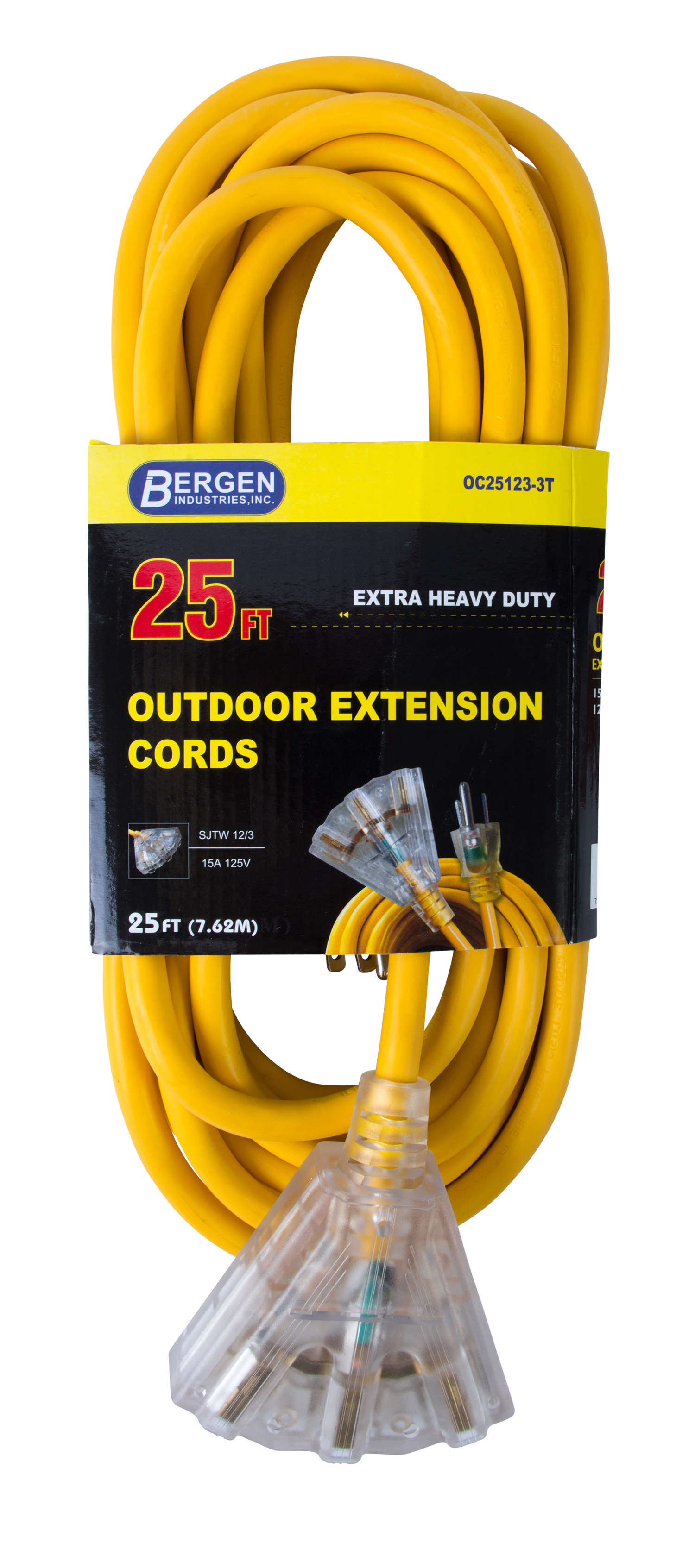 Extension Cord 25ft SJTW Yellow 12/3 Lighted End Triple Tap