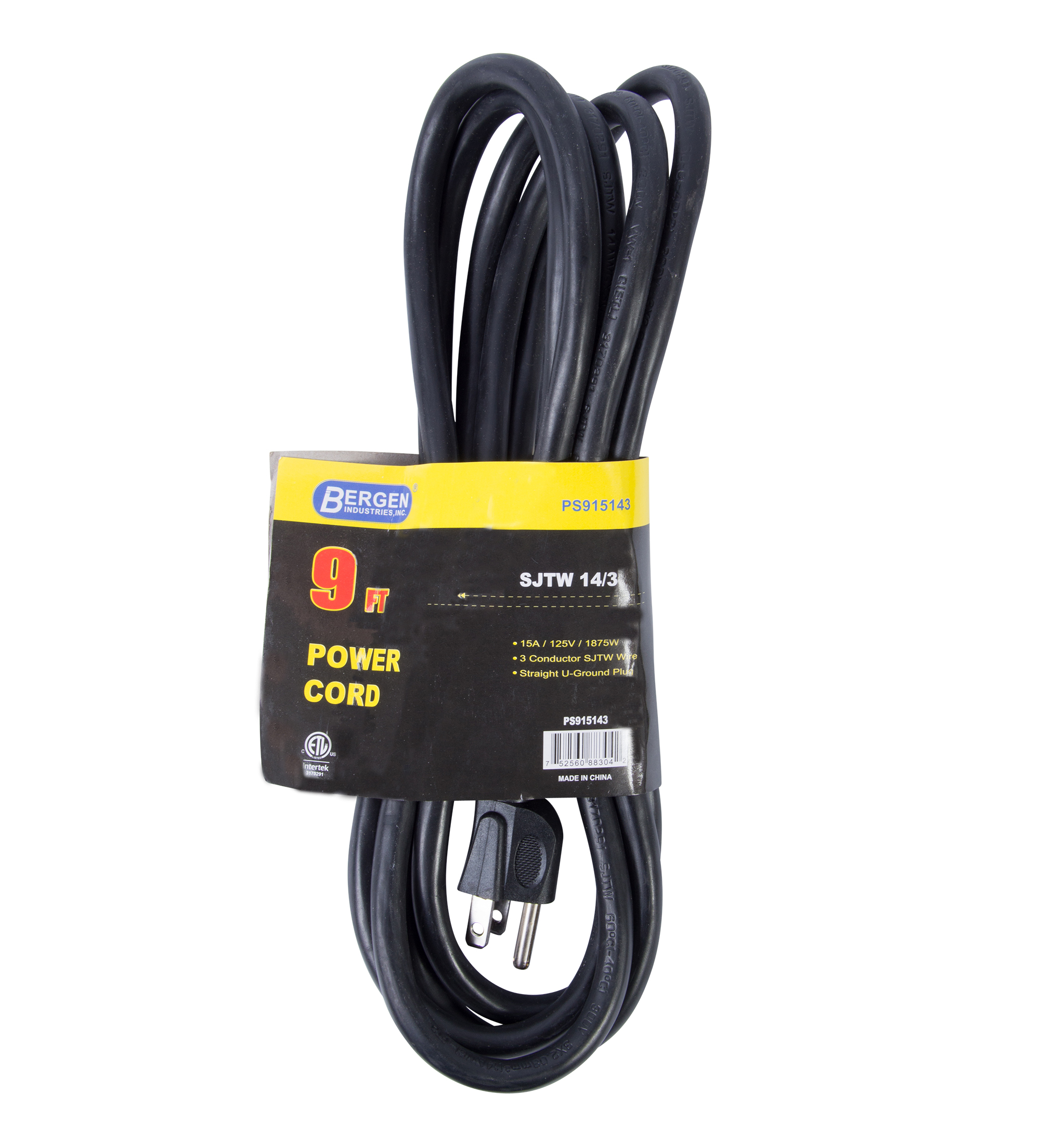 Power Supply SJTW Black 9ft 14/3 15A Straight Plug