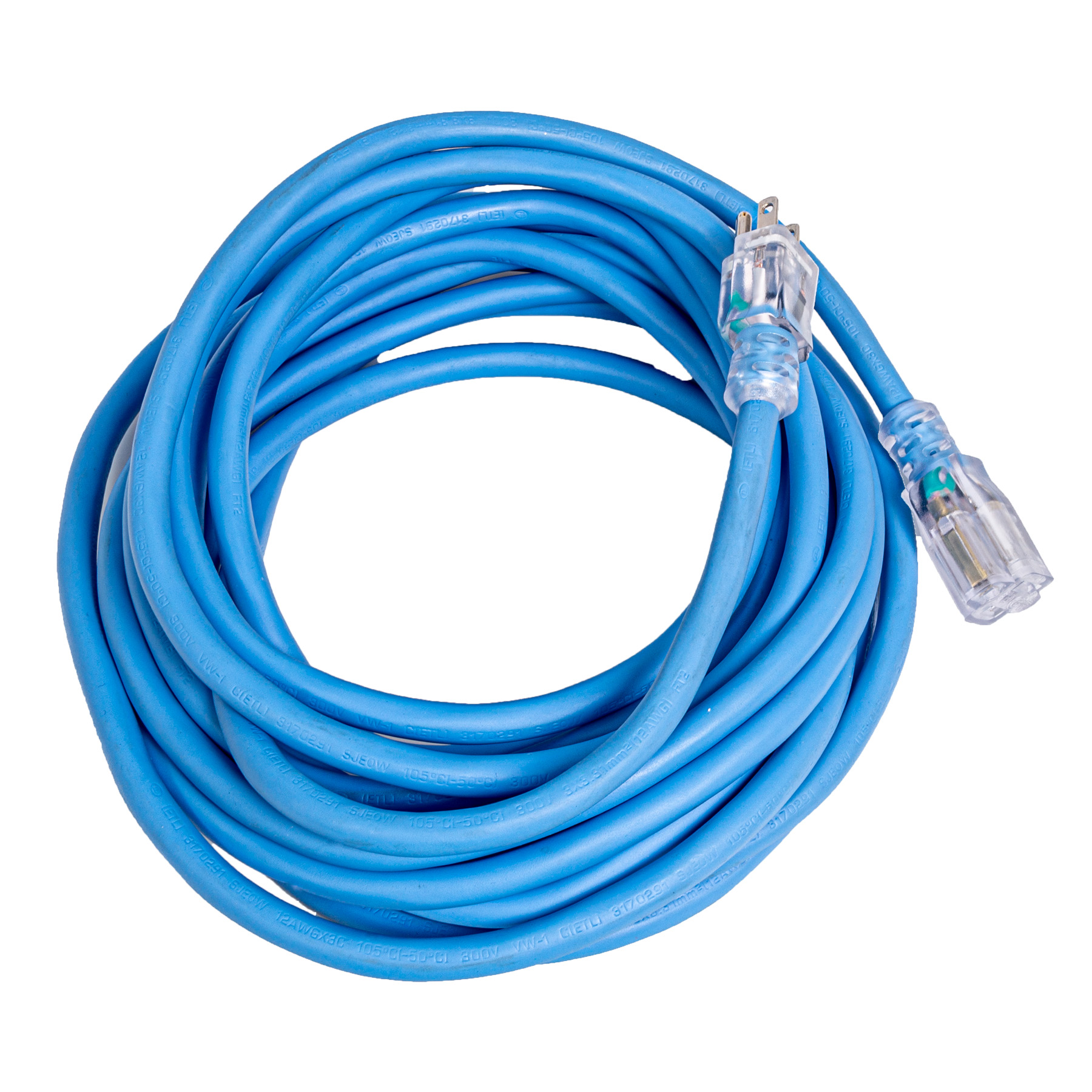 Extension Cord, 100ft, SJEOW, All Weather, 12/3, Blue, Lighted End